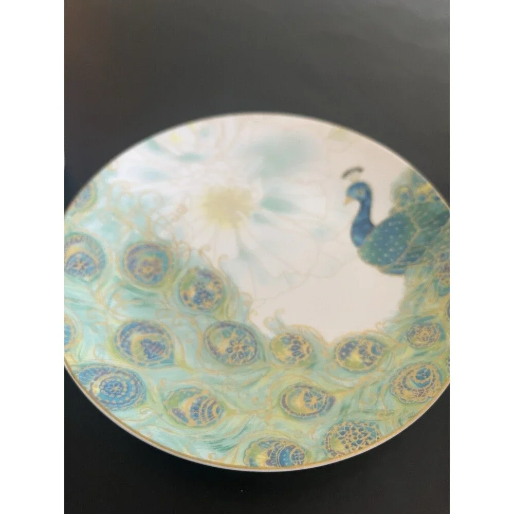 Lakshmi Turquoise Teal Gold Peacock Feathers Bowls Plates  222 Fifth 4pc